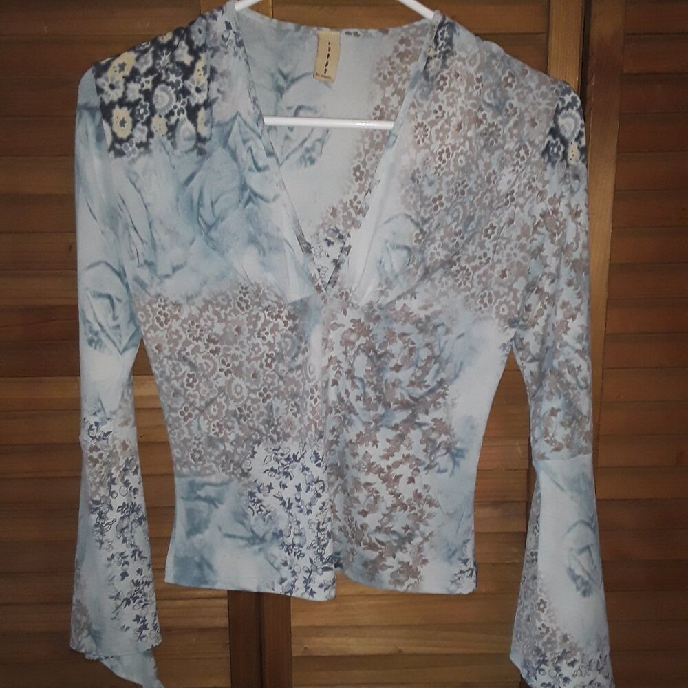 Rappa L.A. SZ XS Blue Tan Tight Fitted Knit Flared Open Sleeve Deep V Neck Top